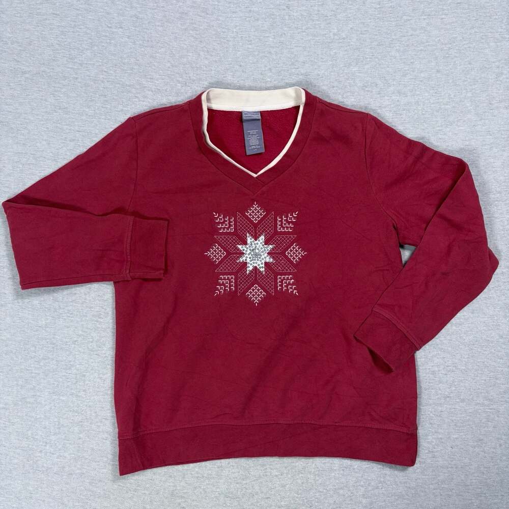 Laura Scott Red Snowflake Embroidered V-Neck Sweatshirt Size L